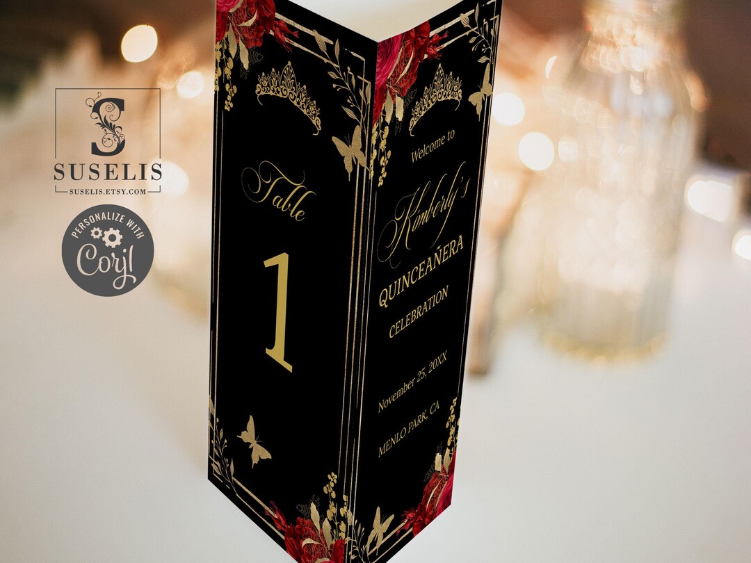 EDITABLE Template Tri-fold Table Stand, Black Red Flowers, Trifold ...