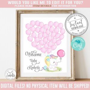 EDITABLE, Baby Shower Guest sign, Corjl Template, Baby Girl Unicorn, Pink Balloons Theme, Guestbook, Instant Download, Digital, GB004