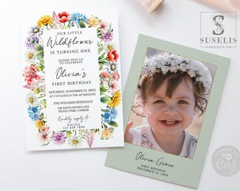 Wildflower Photo Birthday Invitation, First Birthday Invite SU059