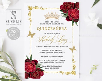 EDITABLE Quinceanera Invitation & Back Template, Ruby Red Roses Flowers, Sweet Sixteen, Wedding, Instant Download, Printable, QU182