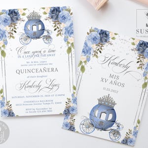 EDITABLE Quinceanera Princess Invitation & Back Template, Blue Flowers, Princess Carriage, Mis Quince, Sweet 16, Printable, Instant, QU116