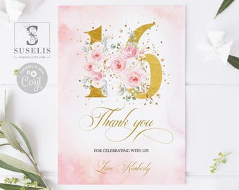 Editable Thank You Card Template Pink Floral Sweet 16 Birthday SW16015