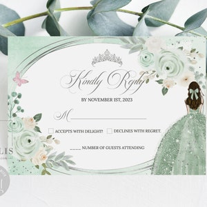 Editable RSVP Card Template, Kindly Reply, Sage Green Flowers, Silver Crown, Mis Quince, Sweet Sixteen, Printable, Instant Download, QU210A