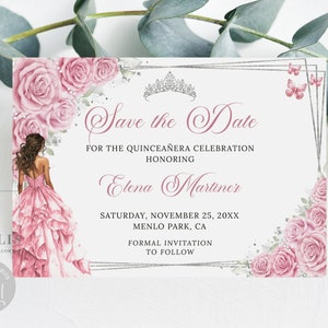 Editable Quinceañera Save the Date Card Template, Blush Silver Flowers, Sweet Sixteen, 16th Birthday, Printable, Instant Download, SU061