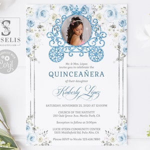 EDITABLE Quinceanera Photo Invitation Template, Blue Flowers, Silver, Cinderella, Mis QuinceSweet 16, Printable, Instant Download, QU115