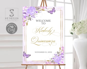EDITABLE Quinceañera Welcome Sign Template, Purple Flowers, Sweet 16, Poster, Signage, Mis Quince, Sweet Sixteen, Instant Download, QU058