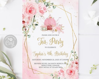 EDITABLE Tea Party Birthday Invitation, Corjl Template, Watercolor Brewing Tea Invite, Instant Download Tea Party Theme Digital file, 10-223