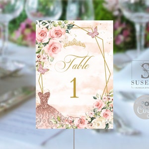 EDITABLE Table Numbers Template, Quinceanera, Blush Pink Flowers, Butterfly, Wedding, Mis Quince Anos, Sweet 16, Instant Download, QU054B