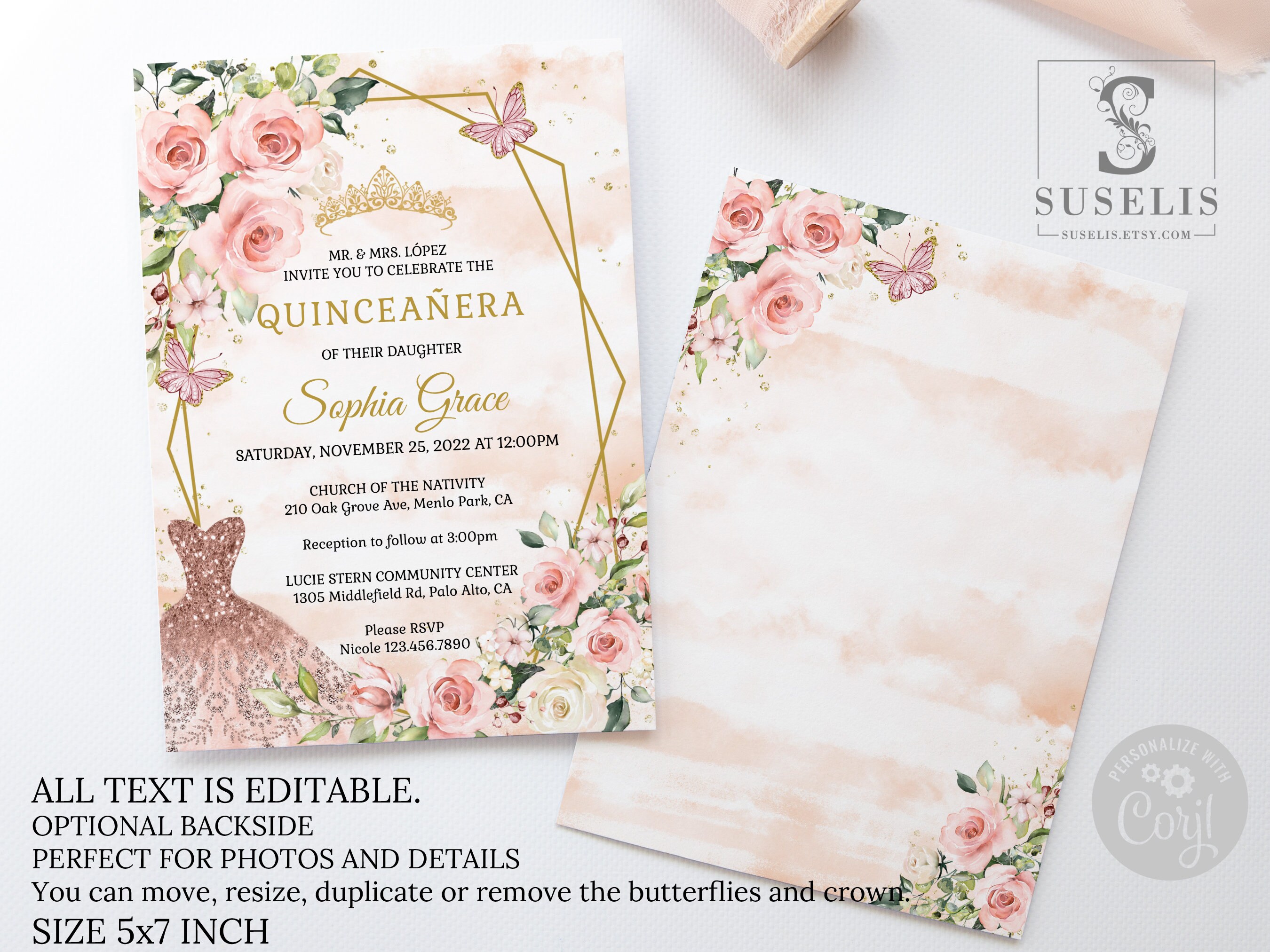 Kitty Quinceanera Digital Invitation Blush Pink and Gold 