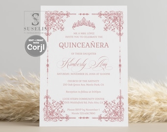 Rose Gold Quinceanera Invitations Template, Quince Invite, Editable Digital Invitation Mis Quince Sweet 16 Printable Digital Download QU202