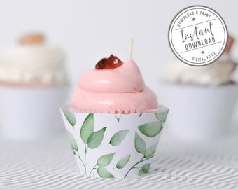 Printable Greenery Cupcake Wrappers, Instant Download, Cupcake Wraps, Party Decor, Birthday, Bridal Shower, Baby Shower, Wedding, DIGITAL