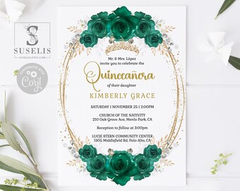 Editable Quinceanera Invitation, Emerald Gold, 15th Birthday QU166