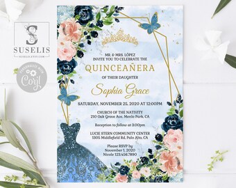 EDITABLE Quinceanera Invitation & Back Template, Navy Blue Blush Flowers, Mis Quince, Sweet 16, Printable, Instant Download, QU054