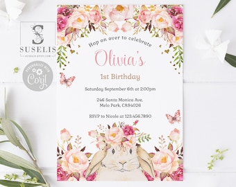 May include: A birthday invitation card featuring watercolor illustrations of pink and white flowers, green leaves, and butterflies. A rabbit is centered at the bottom. Text reads: Hop on over to celebrate Olivia's 1st Birthday, Saturday September 6th at 2:00pm, 246 Santa Monica Ave, Melo Park, CA94026, RSVP to Nicole at 123.456.7890.