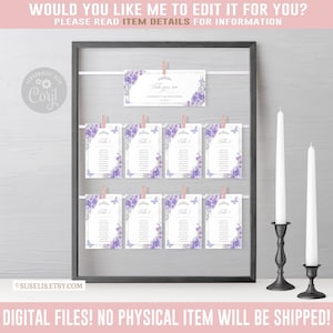 EDITABLE Table Seating Chart Cards, Instant download, Table Plan, Watercolor Purple Silver Floral, Corjl Template, Printable QU070