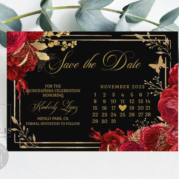 Editable Save the Date Card Template, Calendar, Quinceañera, Red Roses Flowers, Sweet 16, Save the Day, Printable, Instant Download, QU140