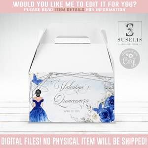 EDITABLE Quinceañera Gable Box Label Template, Favor Gift Labels, Royal Blue Roses, Mis Quince, 15th Birthday, Instant, Printable, QU084B
