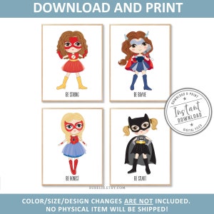 Printable, Superhero Prints, Set of 4, Superhero Girls, Wall Art, Smart Brave Strong Honest, Kids Signs art, Gift for kids, DIGITAL FILES