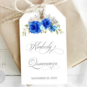 Editable Quinceanera Favor Tag Template, Royal Blue Flowers, Gift tag, Mis Quince Anos, 1Sweet Sixteen, Sweet 16, Instant Download QU021