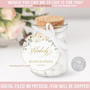 Editable Quinceanera Tag, Thank You, White Flowers, Gift tag, Mis Quince Anos, 15th Birthday, Butterfly, Template, Instant Download SU029