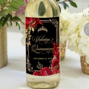 EDITABLE Quinceañera Wine Bottle Labels Template, Red Roses, Butterfly, Sweet 16, Wedding, Favor labels, Instant Download, Digital, QU140
