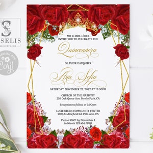 EDITABLE Quinceanera Invitation & Back Template, Gold Red Roses Flowers, Mis Quince, Sweet Sixteen, Printable, Instant Download QU128