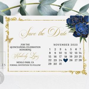 Editable Save the Date Card Template, Calendar, Royal Blue Flowers, Save the Day, Quinceañera, Sweet 16, Wedding, Instant Download QU182