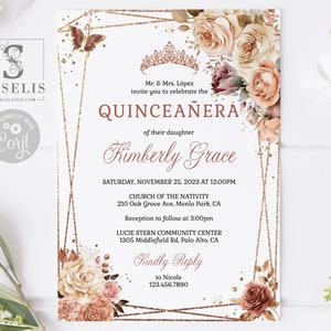 EDITABLE Rose Gold Cream Flowers, Quinceanera Invitation Template, Sweet 16, Mis Quince, 16th Birthday, Printable, Instant Download, QU203
