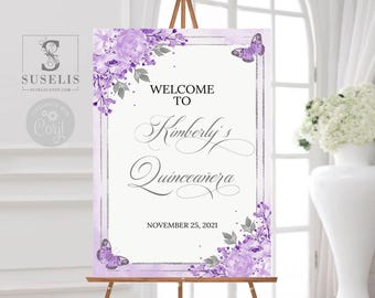 EDITABLE Template Quinceañera Welcome Sign, Purple Flowers, Sweet 16, Signage, Poster, Mis Quince, Sweet Sixteen, Instant Download, SU010