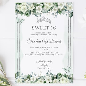 EDITABLE Sage Green Invitation Template, Cream Flowers, Floral Sweet Sixteen Invite, 16th Birthday Card, Instant Download, QU196