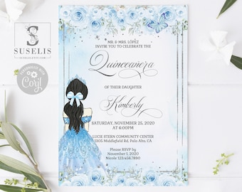 EDITABLE Quinceanera Invitation Template, Baby Blue Silver Flowers Butterfly, Mis Quince, Sweet 16, Printable, Instant Download, QU059