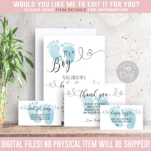 EDITABLE Baby Boy Shower Invitation Bundle, Suite, Corjl Template, Dusty Blue Footprints Theme, Instant download, Printable Digital BS147