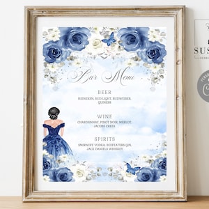 EDITABLE Quinceanera Bar Menu Sign Template, Drinks, Blue Flowers, Butterfly, Sweet 16, 15th Birthday, Printable, Instant Download, QU084A