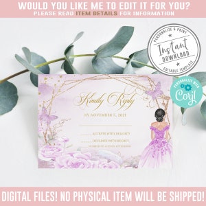 Editable RSVP Card, Corjl Template, Kindly Reply, Pink Gold Flowers Butterfly, Mis Quince Anos, 15th Birthday, Instant Download QU069