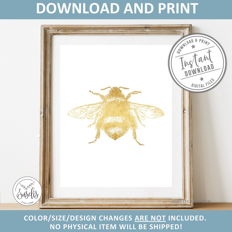 Insect Art DIGITAL FILES Printable Gold BumbleBee Print Bee Illustration Gold White BumbleBee sign Vintage BumbleBee Drawing Nature Print