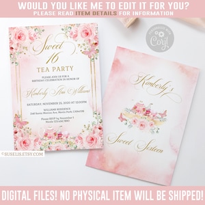 EDITABLE Sweet Sixteen Tea Party Invitation, Blush Pink Flowers, Butterfly, Sweet 16, 16th Birthday, Corjl Template, Instant Download, SU034