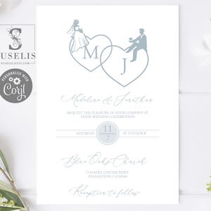 EDITABLE Monogram Wedding Invitation Template, Dusty Blue Heart Initials Couple, Wedding Invite, Printable, Instant Download, WS115