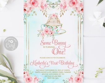 EDITABLE Bunny Tea Party Birthday Invitation, Corjl Template, Watercolor Flowers Bunny, Instant Download, Diy Printable Digital, 10-232