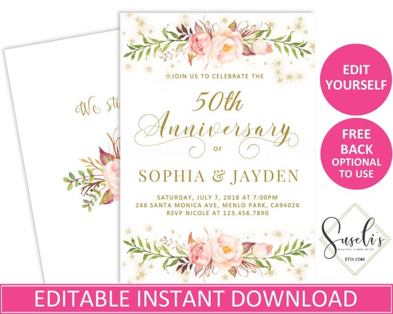  EDITABLE  50th or Any Year Wedding  Anniversary  Invitation  