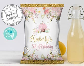 Editable Tea Party Birthday Chip Bag Template Pink Watercolor 10-107