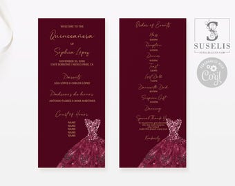 May include: Two vertical burgundy cards featuring gold script text. The left card displays Quinceañera details for Sophia López, while the right card lists the Order of Events. Both cards feature a glittery, dark red ballgown graphic at the bottom.
