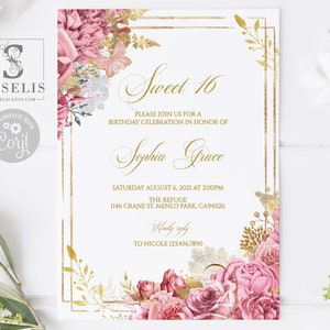 EDITABLE Invitation Template, Sweet Sixteen, Gold Pink Flowers, Butterfly, Quinceanera, 16th Birthday, Printable, Instant Download, SW16039