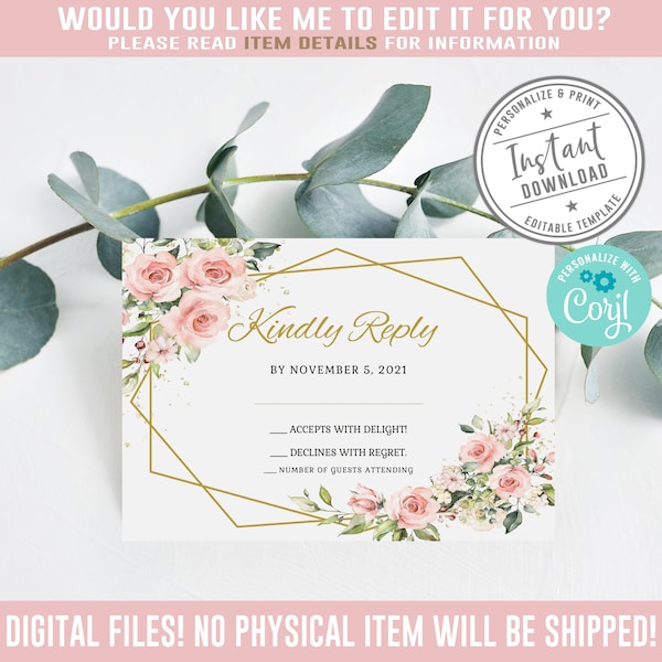 Editable RSVP Card, Kindly Reply, Blush Pink Flowers, Tiara, Mis Quince Anos, 15th Birthday, Corjl Template, Instant Download, SU022A