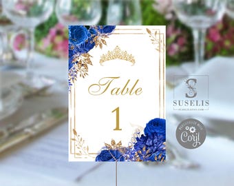 EDITABLE Table Numbers Template, Quinceanera, Royal Blue Flowers, Mis Quince Anos, 15th Birthday, Corjl Template, Instant Download, QU121