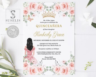 EDITABLE Quinceanera Invitation Template, Blush Pink Flowers, Butterfly, 15th Birthday, Sweet 16, Printable, Instant Download, QU177
