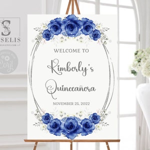 EDITABLE Photo Quinceañera Welcome Sign Template, Royal Blue Flowers, Sweet 16, Signage, Mis Quince, Sweet Sixteen, Instant Download, QU166