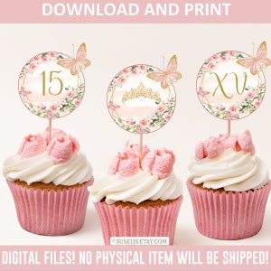 Printable Quinceanera Cupcake Toppers, Birthday, Blush Pink, Gift tag, Mis Quince, 15th Birthday, Butterfly, Instant Download DIGITAL QU054B
