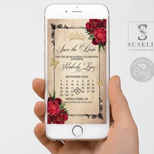 Editable Template Save the Date Evite Calendar, Text Invite, Ruby Red Floral, Mis Quince, 15th Birthday, Printable, Instant Download QU182