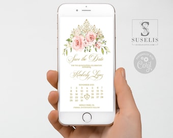 Editable Calendar Save the Date Evite Template, Text Invite, Blush Pink Flowers, Quinceañera, Sweet 16, Wedding, Instant Download, QU021