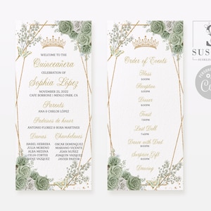EDITABLE Program Template, Quinceañera, Sage Green Flowers, Butterfly, Order of service, Wedding, Sweet 16, Printable Instant Download QU181
